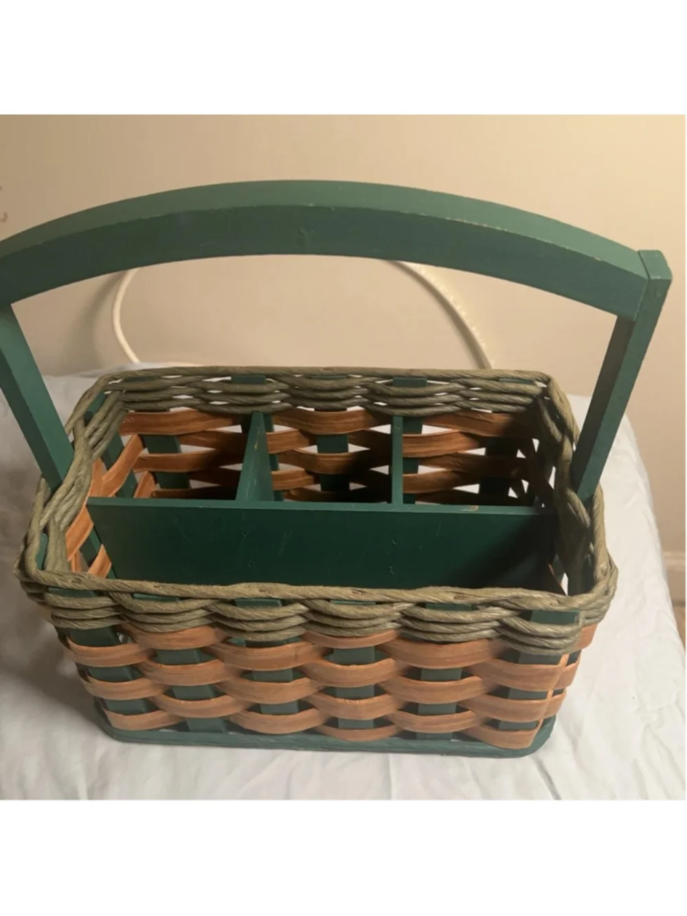 Wood Utensils Holder Basket Medium Brown Green Handle 11x7x12 In Rustic Caddy